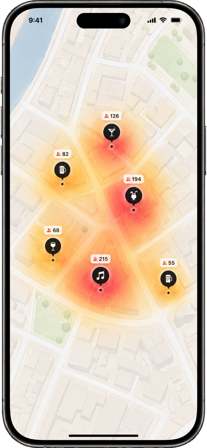 The Bar with Me app showing a live map with venue headcounts